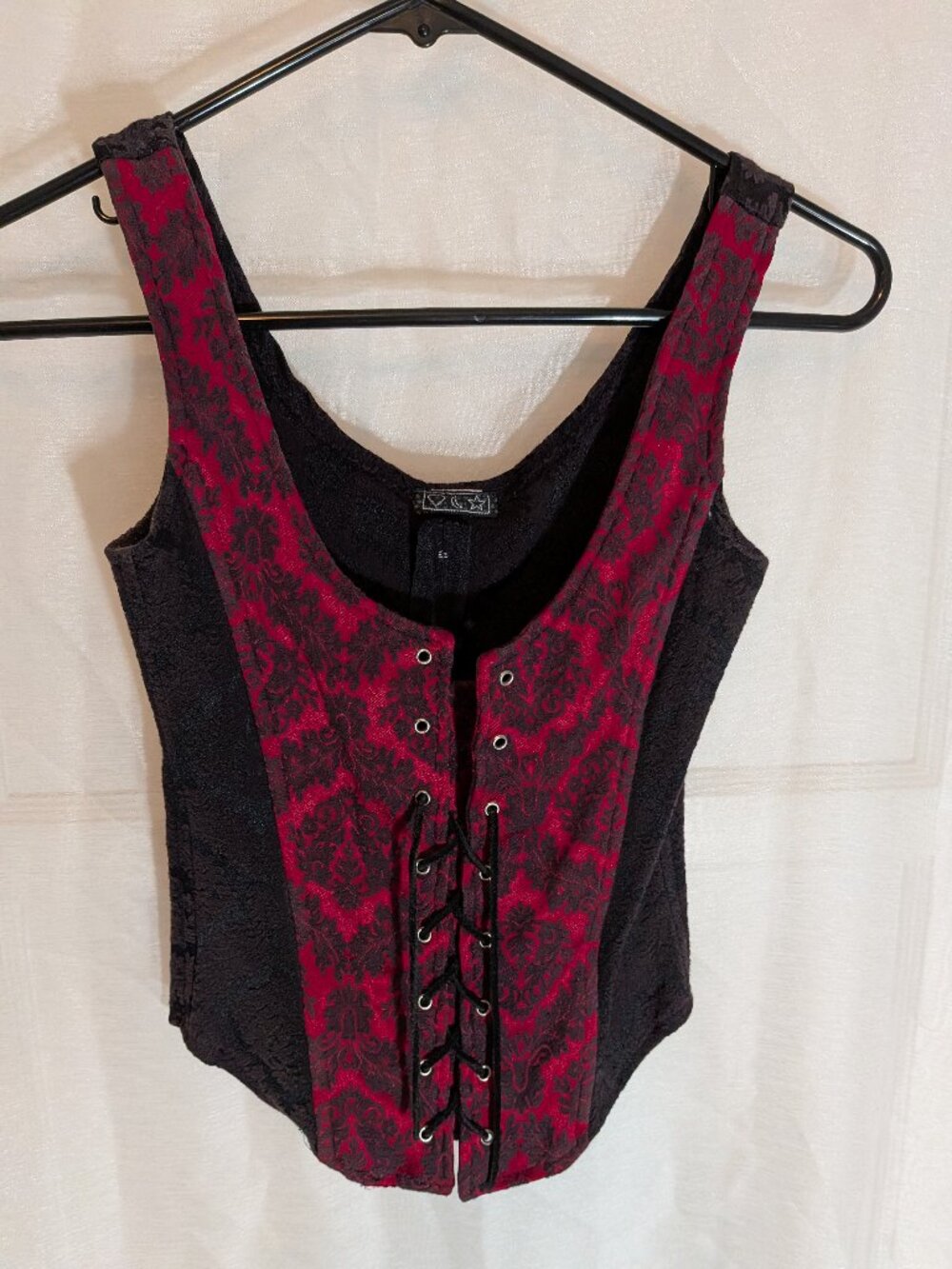 Vintage Y2K Heart Moon Star Red Black Damask Corset Top Lace Up Brocade